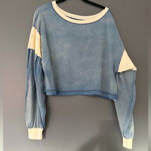 Current/Elliott Blue and Cream Long Sleeve Crop Top